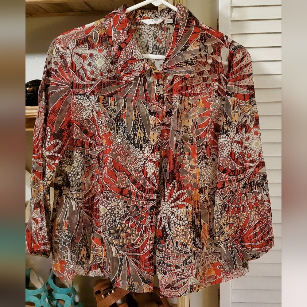 Sheer Floral Blouse By Erin, Size PXL